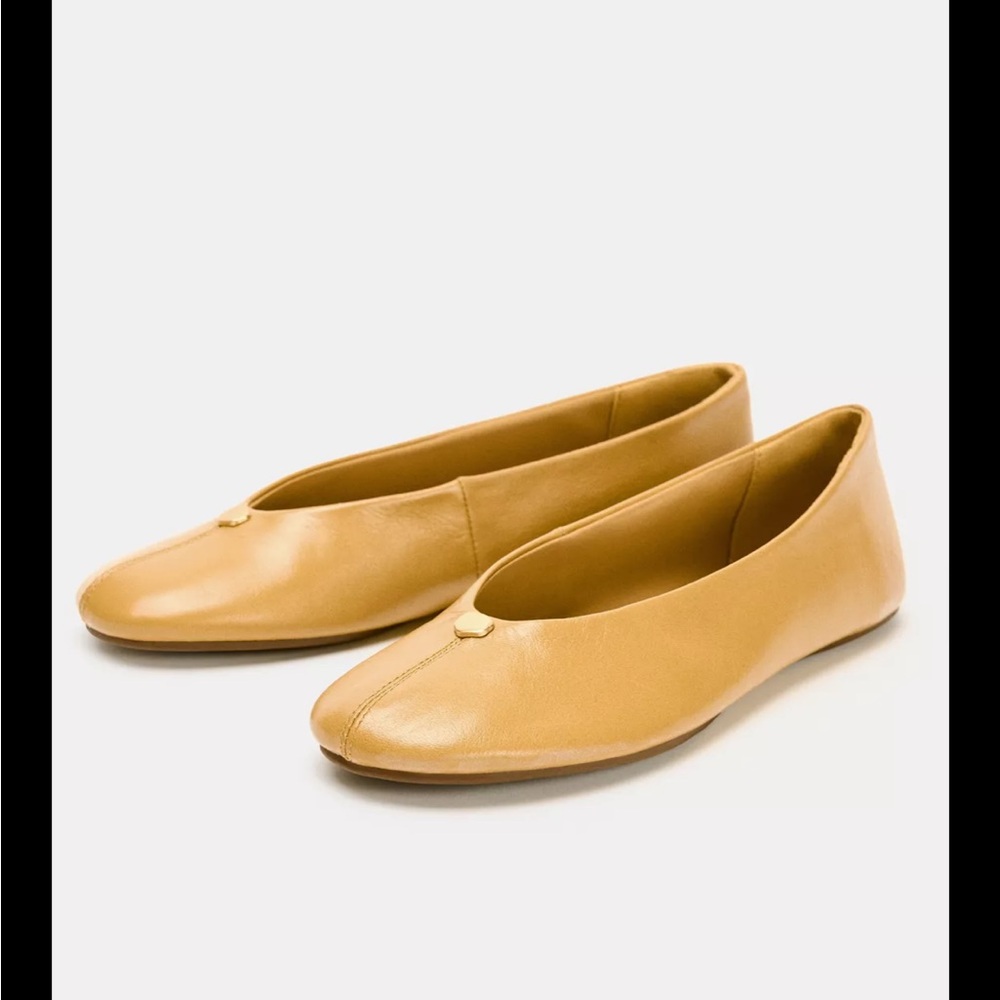 Zara Mustard Leather Ballet Flats with Gold Stud - Picture 4 of 8